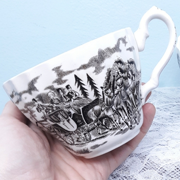 2 Royal Mail Teacups Black White Ironstone England Transferware Antique VTG - Picture 2 of 11
